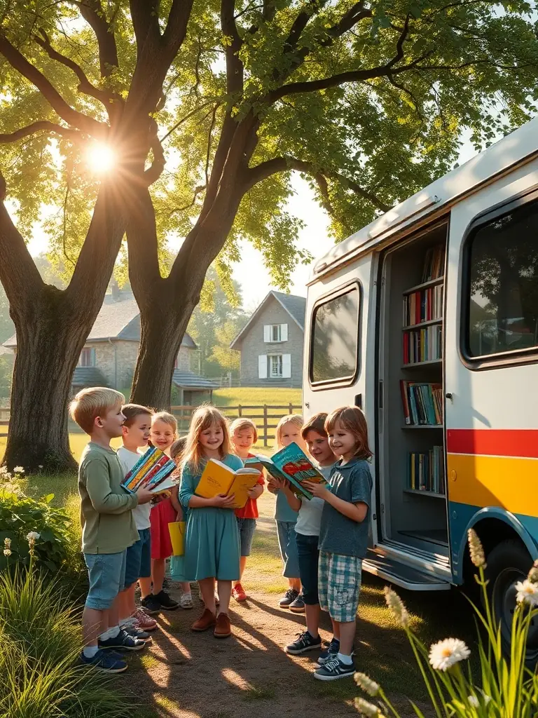 A photograph of children in a rural French village eagerly selecting books from a mobile library van, sunlight streaming through the trees, creating a warm and inviting atmosphere.
