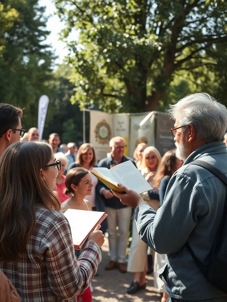 A vibrant image of a community literary event in Douzat, France, with people of all ages gathered around, listening to a local author reading from their book.