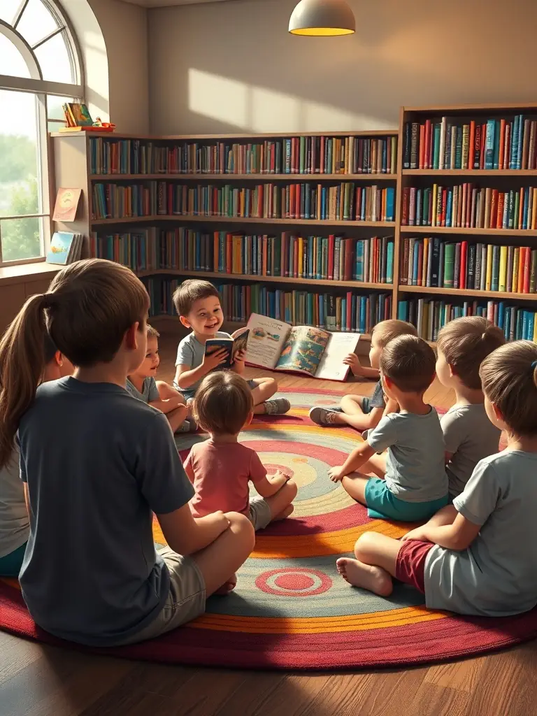 A photograph of children participating in a storytelling session at the LE TEMPS D'UN LIVRE library, with a librarian reading aloud and the children listening attentively.