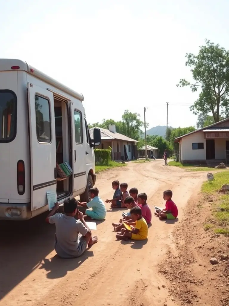 A photograph of a mobile library van parked in a rural village, with community members browsing the book selection.