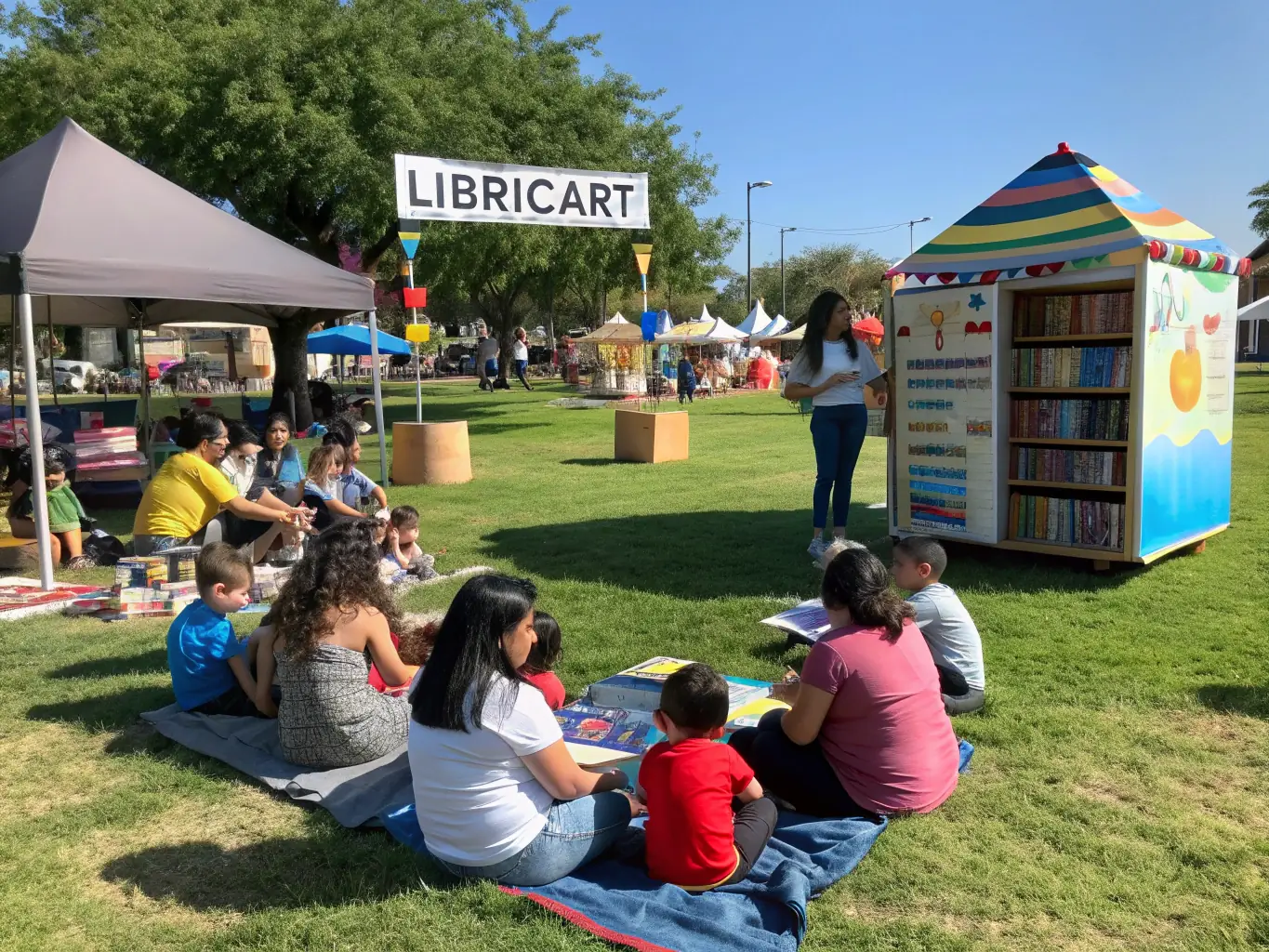 A photograph capturing a public literary event organized by LE TEMPS D'UN LIVRE, featuring authors, readers, and community members interacting and celebrating literature.