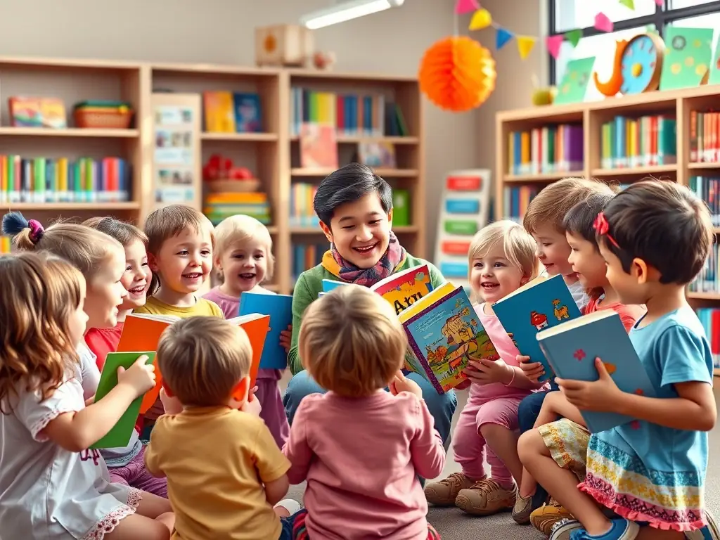 A vibrant image depicting children participating in a storytelling session at the LE TEMPS D'UN LIVRE library, showcasing the joy of reading and community engagement.