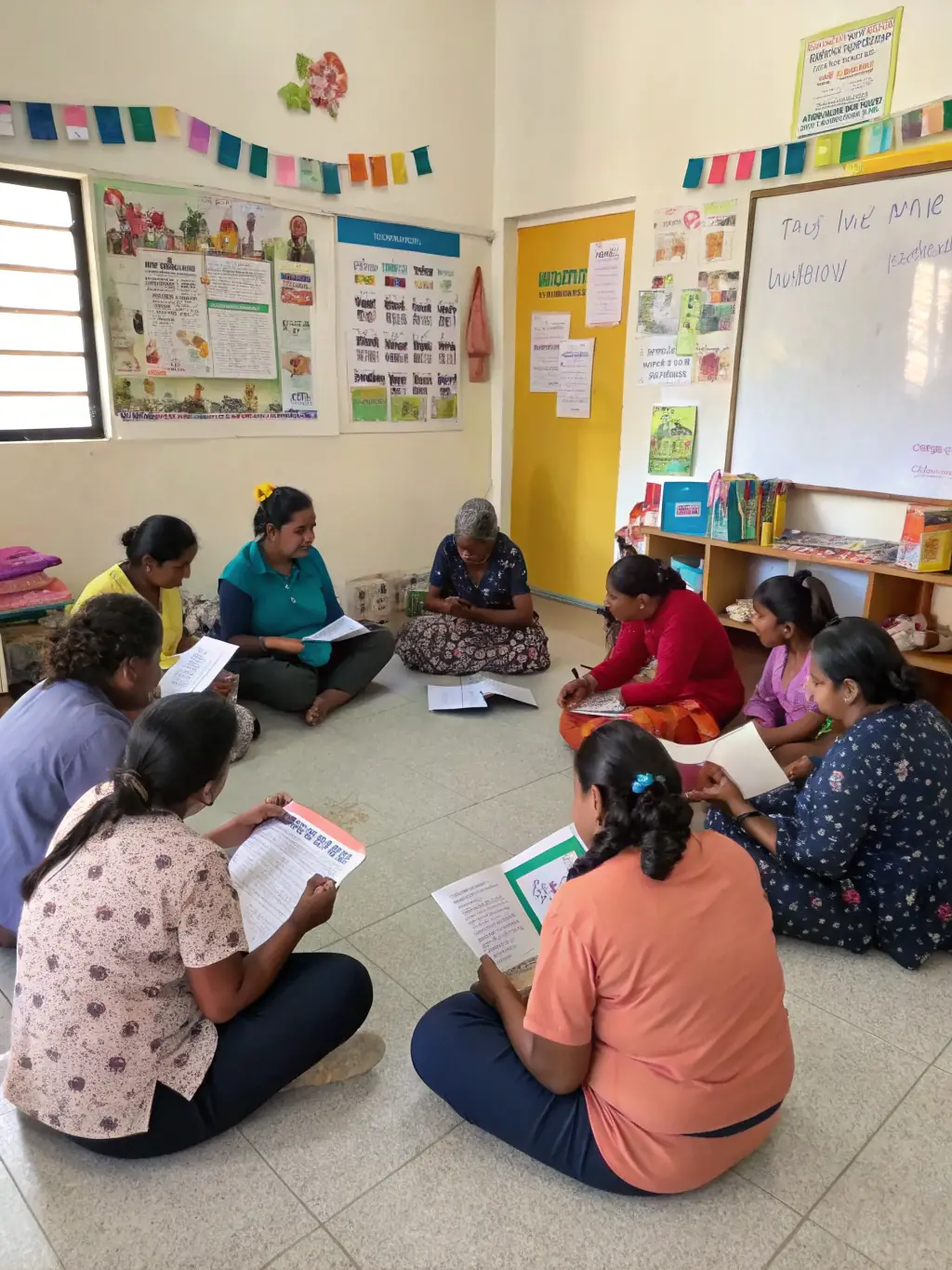 A photograph of adults participating in a literacy workshop, with a facilitator guiding them through reading and writing exercises.