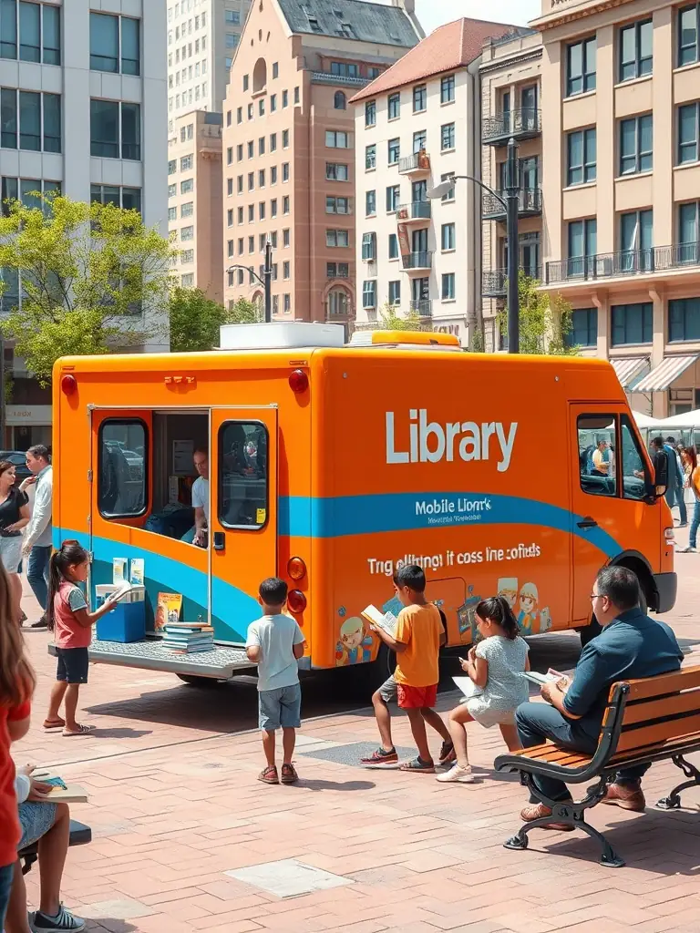 A photograph of a mobile library van filled with books, parked in a sunny rural village square, with children excitedly reaching for books.