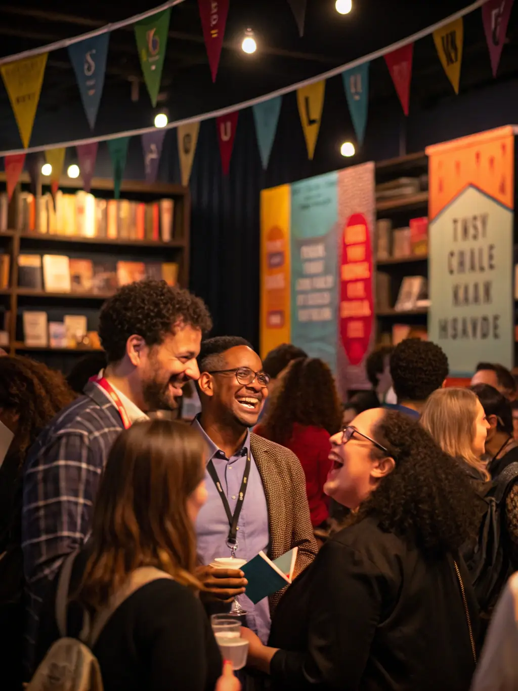 A photograph of a community literary event, with authors, readers, and volunteers interacting and celebrating literature.