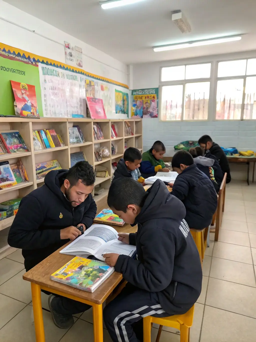 A photo showcasing a literacy workshop in a rural school, with volunteers from LE TEMPS D'UN LIVRE helping children improve their reading skills.