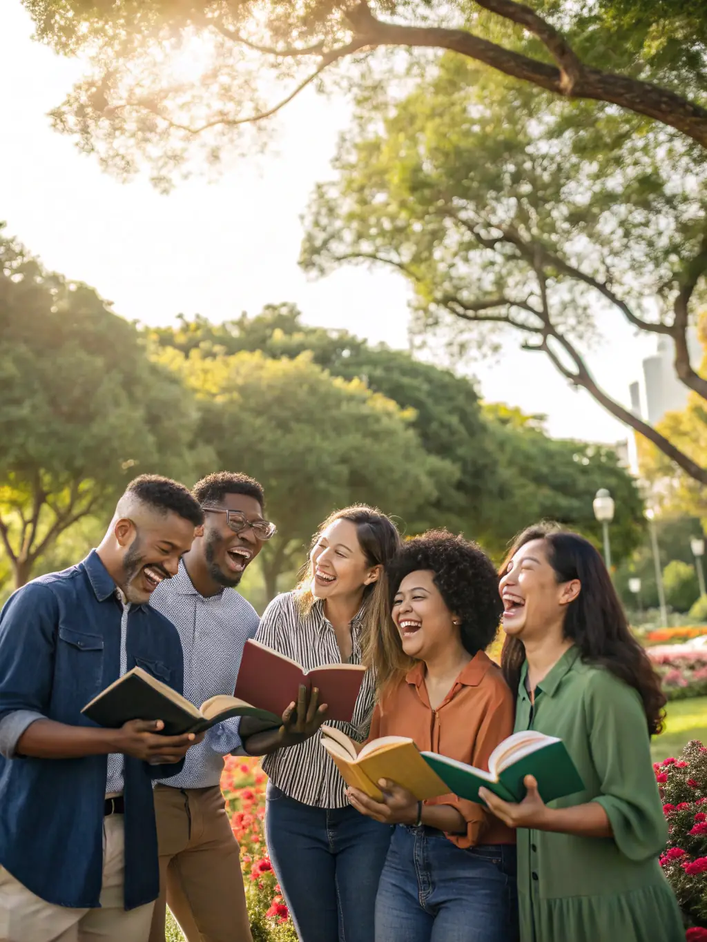 A diverse group of community members gathered at a public literary event, discussing books and sharing their love of reading.