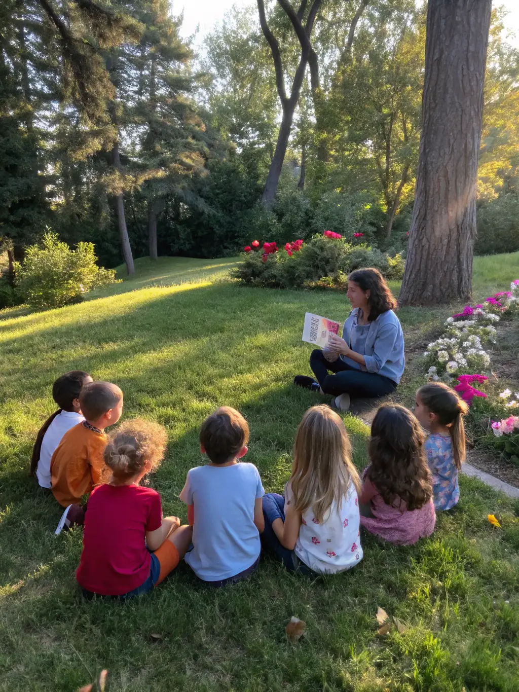 A group of children sitting in a circle, listening attentively as a volunteer reads aloud from a storybook during a reading session.