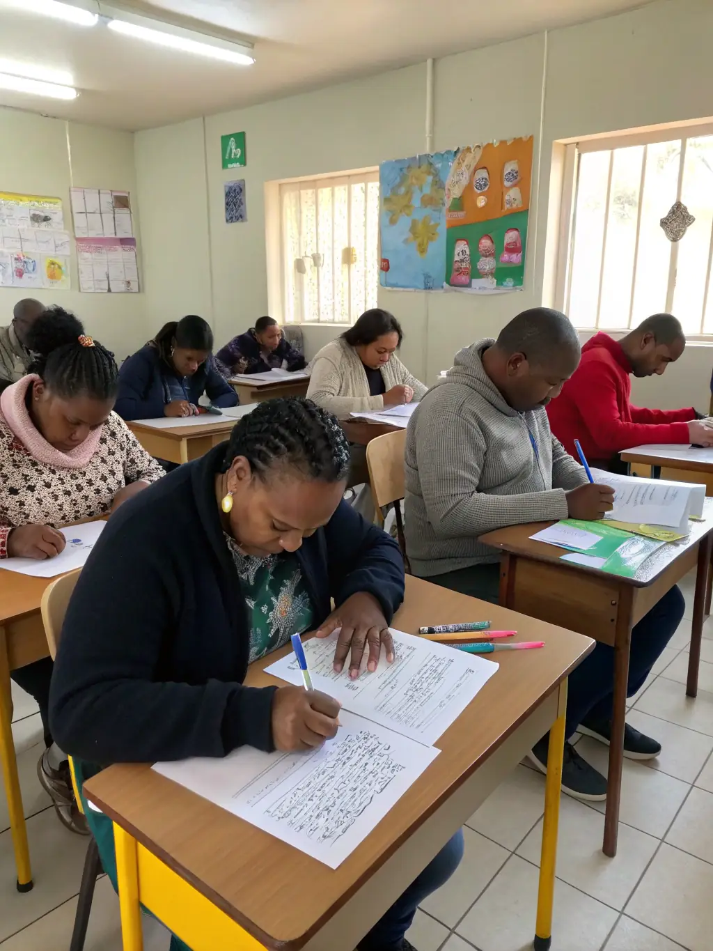 An image of adults participating in a literacy workshop, learning basic reading and writing skills from a dedicated instructor.